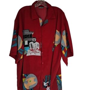 Men's Red Short-Sleeve Button-Down Shirt with Asian Motif